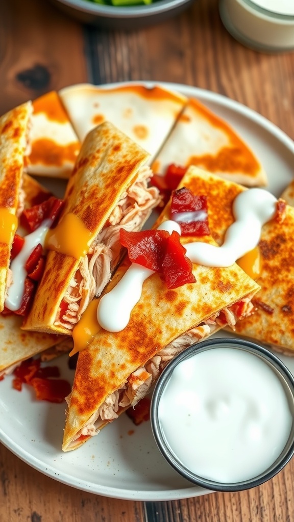 Golden-brown bacon ranch chicken quesadillas cut into wedges, served with ranch dressing.
